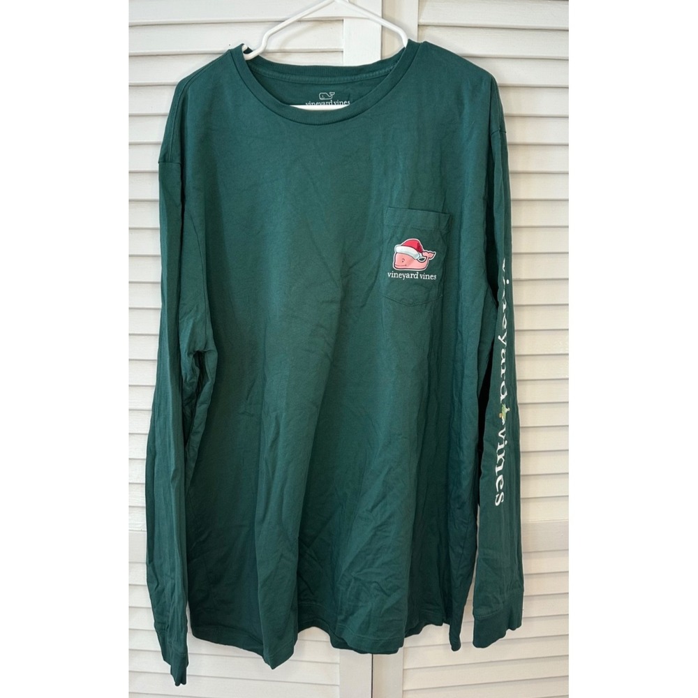 Vineyard Vines Mens Size XXL Green Long Sleeve Whale in Santa Hat Holiday Shirt